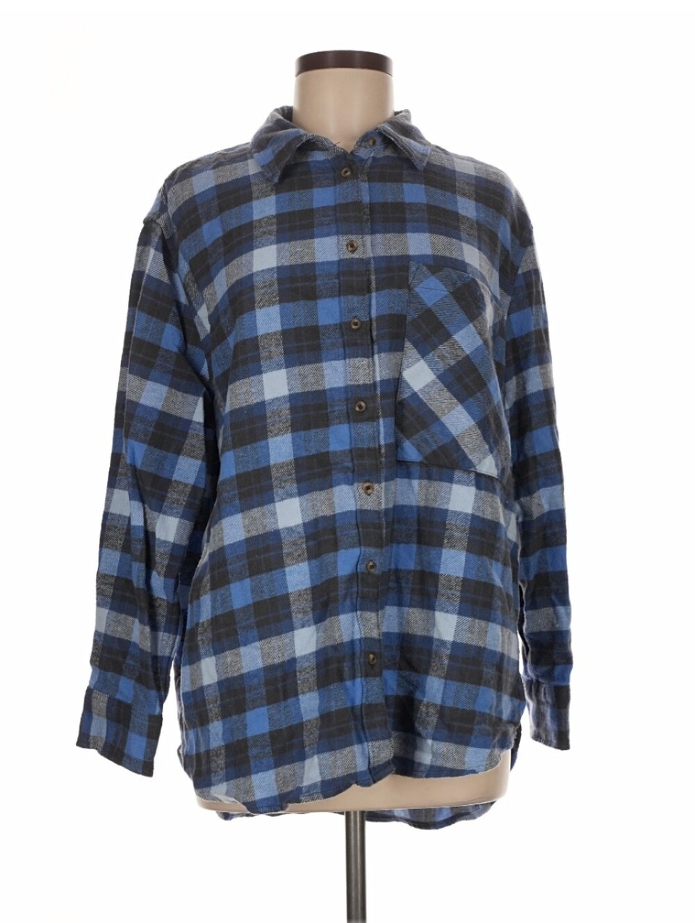 Oversized Blue and Gray Plaid Flannel Button-Down Shirt